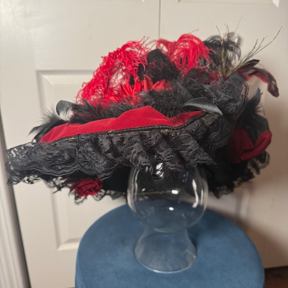 Red & Black Feathered Victorian Lace Hat Costume Cosplay Goth Burlesque